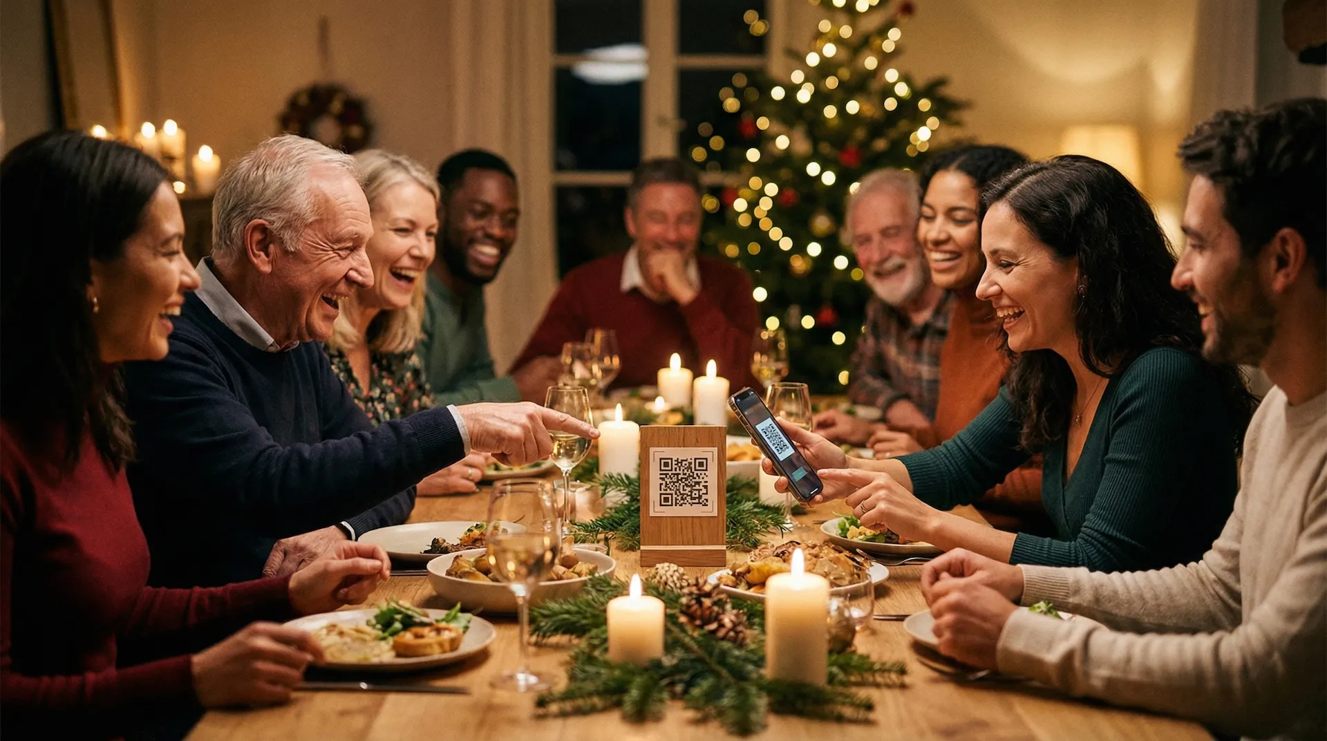Familia celebrando Navidad con código QR